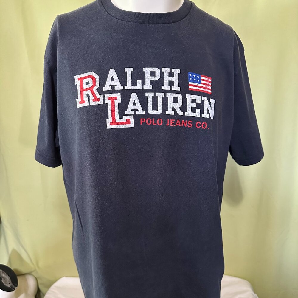 Ralph Lauren Polo Jeans Logo Spellout Men's Blue T Shirt Size XL USA Flag Cotton